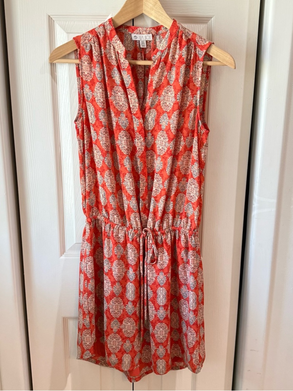 Lila Rose Sleeveless Orange Printed Drawstring Mini Dress